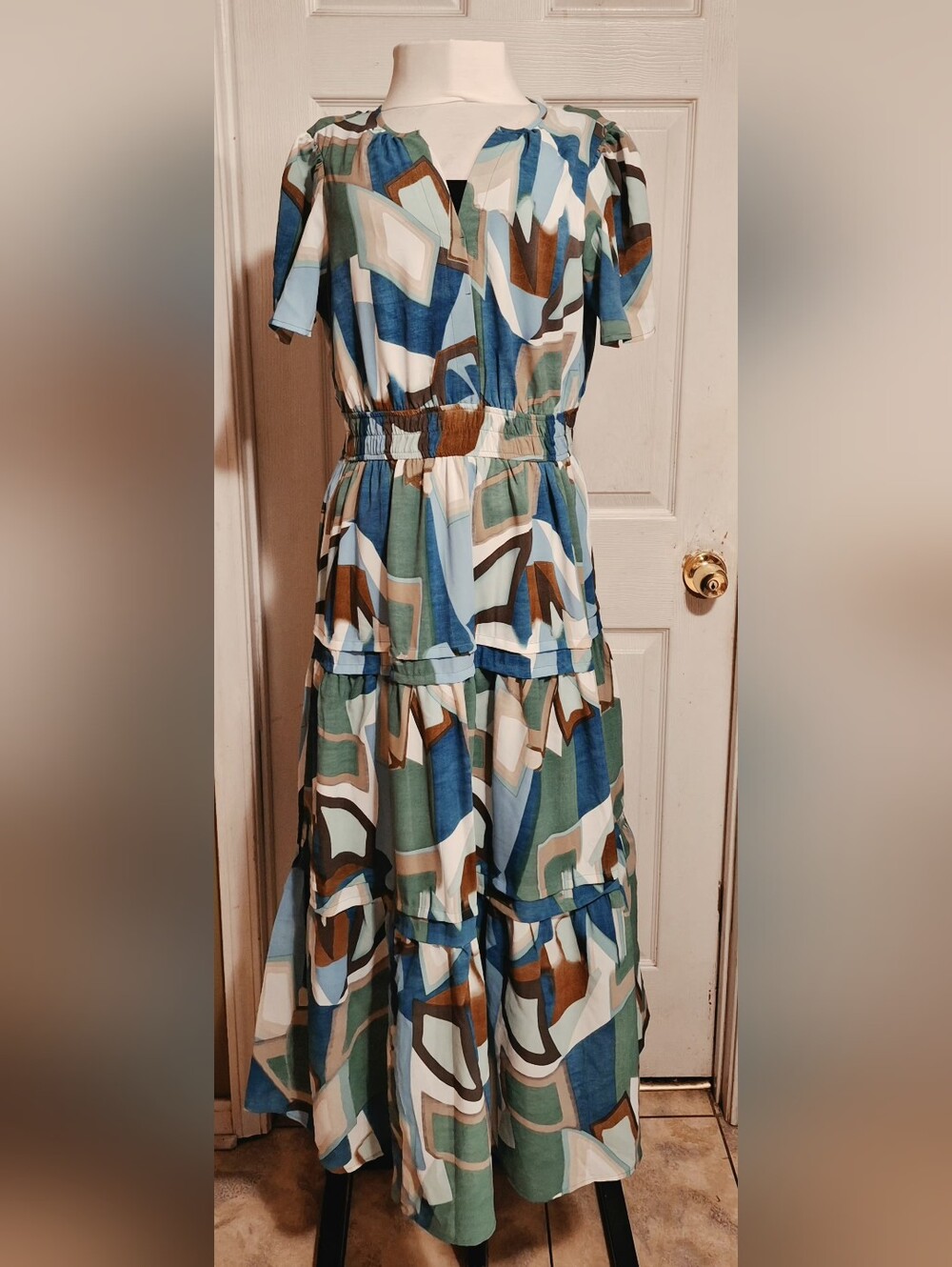 Geometric Print Tiered Maxi Dress in Blue & Green
